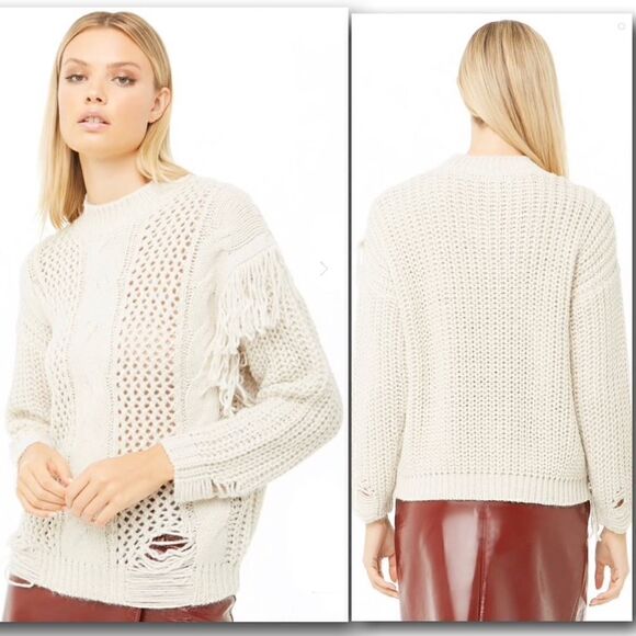 Forever 21 Tan Fringe Trim Mixed-Knit Sweater - Picture 1 of 8